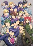  adjusting_hair black_hair blonde_hair blue_eyes blue_hair bob_cut braid bruno_buccellati caesar_anthonio_zeppeli chain checkered clenched_hand collarbone double_bun earrings facial_hair fingerless_gloves gakuran giorno_giovanna gloves green_eyes green_hair green_nails grin hair_ornament hair_tie hairclip hand_on_hip hat hat_tip headband heart higashikata_jousuke highres horns hoshimiku jacket jewelry jojo_no_kimyou_na_bouken jojo_pose jonathan_joestar joseph_joestar_(young) kakyouin_noriaki kishibe_rohan kuujou_jolyne kuujou_joutarou lips long_hair multicolored_hair mustache nail_polish narciso_anasui open_mouth peace_symbol pen pin pink_eyes pompadour pose purple_hair salute scarf school_uniform single_braid smile striped striped_scarf top_hat two-tone_hair will_anthonio_zeppeli winged_hair_ornament zipper 