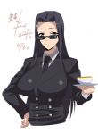  1girl 2016 black_hair breasts brown_eyes coffee_cup dated formal hand_on_hip highres kagiyama_(gen&#039;ei_no_hasha) large_breasts long_hair monster_musume_no_iru_nichijou ms._smith necktie signature simple_background smile solo suit sunglasses white_background 