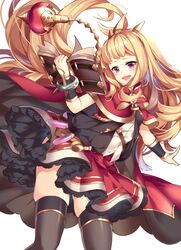  1girl :d arm_warmers belt black_legwear blonde_hair blush book cagliostro_(granblue_fantasy) cape cowboy_shot gem granblue_fantasy hairband head_tilt holding holding_book homarerererere leaning_to_the_side liquid looking_at_viewer open_book open_mouth outstretched_arm red_cape red_skirt ruby_(stone) shirt skindentation skirt smile solo sphere spiked_hairband spikes standing test_tube thigh-highs violet_eyes white_shirt zettai_ryouiki 