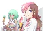 2girls :q bangs bare_shoulders black_gloves blue_hair breasts buttons cleavage dark_skin emerald_sustrai eyebrows eyebrows_visible_through_hair food food_on_face from_side gloves heterochromia holding ice_cream ice_cream_cone iesupa long_hair long_sleeves looking_at_viewer midriff multicolored_hair multiple_girls navel neo_(rwby) pink_eyes rwby short_hair short_hair_with_long_locks sleeveless smile tagme tongue tongue_out two-tone_background two-tone_hair 
