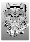  1boy 4boys 80s 90s autobot beast_wars fortress_maximus glowing gorilla kamizono_(spookyhouse) machine machinery maximal mecha monochrome multiple_boys multiple_persona no_humans oldschool open_mouth optimus_primal optimus_prime robot science_fiction sword teeth transformers transformers_prime weapon 