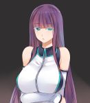  1girl bangs bare_shoulders blunt_bangs breast_hold breasts crossed_arms detached_sleeves eyebrows eyebrows_visible_through_hair green_eyes large_breasts long_hair looking_at_viewer mole mole_under_eye parted_lips purple_hair shuumatsu_no_harem sidelocks solo upper_body yostxxx 