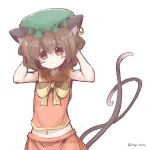  1girl animal_ears arms_up bare_arms blush bow brown_eyes brown_hair cat_ears cat_tail chen hand_in_hair hat highres jewelry midriff mob_cap multiple_tails navel nekomata simple_background single_earring skirt skirt_set sleeveless solo suama_unagi tail touhou twitter_username white_background 