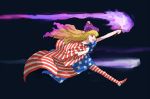  1girl :d american_flag american_flag_legwear blonde_hair clownpiece fire full_body hat highres jester_cap long_hair motsuni_(artist) no_shoes open_mouth pantyhose purple_fire red_eyes running smile torch touhou very_long_hair 