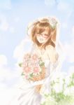  1girl ^_^ artist_request bare_shoulders bouquet bridal_veil brown_hair closed_eyes dress elbow_gloves eyelashes flower glasses gloves hair_flower hair_ornament highres jewelry long_hair necklace original smile solo traditional_media veil wedding_dress 