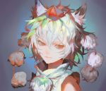  1girl albino animal_ears blue_background face gradient gradient_background hat inubashiri_momiji looking_to_the_side pom_pom_(clothes) portrait red_eyes shinigamiwyvern shirt short_hair solo tokin_hat touhou white_hair wolf_ears 