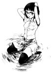  1girl absurdres commentary crosshatching dress glasses hand_on_head highres monochrome nakahara_keihei reflective_floor short_sleeves tears thigh-highs toes watch water 