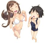  2girls ^_^ bangs barefoot bikini black_hair blue_swimsuit breasts brown_hair cleavage clenched_hands closed_eyes eyebrows eyebrows_visible_through_hair floating_hair full_body jumping kimura_(ykimu) knees_together_feet_apart large_breasts long_hair multiple_girls navel one-piece_swimsuit original school_swimsuit short_hair side-tie_bikini simple_background small_breasts stomach strap_gap swimsuit white_background white_bikini 