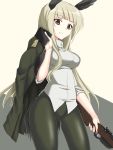  1girl a9b_(louis814) absurdres blonde_hair grete_m_gollob gun head_wings highres long_hair looking_at_viewer military military_uniform parted_lips red_eyes solo strike_witches uniform weapon weapon_request 