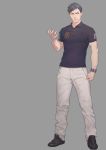  1boy absurdres black_hair clenched_hand full_body grey_background grey_eyes highres kyokugen_dasshutsu looking_to_the_side male_focus polo_shirt shoes sigma_(kyokugen_dasshutsu) simple_background sneakers solo 