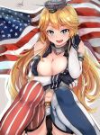  1girl absurdres american_flag black_panties blonde_hair blue_eyes breasts cleavage elbow_gloves fingerless_gloves garter_straps gloves headgear highres iowa_(kantai_collection) kantai_collection knees_together_feet_apart large_breasts long_hair looking_at_viewer maki_(maki_pei) navel open_mouth panties smile solo star star-shaped_pupils symbol-shaped_pupils thigh-highs underwear 