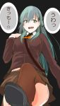  ascot bangs commentary_request from_below green_eyes green_hair hair_ornament hairclip hand_on_shoulder highres jacket kantai_collection leg_up long_hair miniskirt open_mouth school_uniform shoes sketch skirt sktiims star suzuya_(kantai_collection) thigh-highs translation_request 