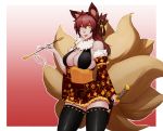  1girl animal_ears bare_shoulders bell black_legwear breasts cleavage cowboy_shot detached_sleeves floral_print fox_ears fox_tail gradient gradient_background hair_bell hair_ornament holding holding_pipe holding_sword holding_weapon japanese_clothes jingle_bell kiseru large_breasts less long_hair looking_at_viewer multiple_tails obi original pipe red_background redhead ribbon-trimmed_legwear ribbon_trim sash sheath sheathed smile solo sword tail thigh-highs weapon wide_sleeves yellow_eyes 