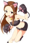  1girl animal_ears bare_shoulders bell bell_collar brown_hair cat_ears cat_tail collar gloves idolmaster long_hair looking_at_viewer midriff minase_iori navel nazononiku open_mouth paw_gloves paw_pose red_eyes solo tail 