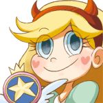  1girl animated animated_gif blonde_hair blue_eyes dress english green_dress grin hairband hand_on_hip heart heart_cheeks horns lowres official_style robotoco smile solo star_butterfly star_vs_the_forces_of_evil wand winking 