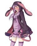  1girl animal_hood blush bunny_hood closed_eyes cowboy_shot crying dress flask_(pandora) hair_ornament heart highres hood hooded_jacket jacket long_sleeves looking_at_viewer low_twintails nose_blush open_clothes open_jacket open_mouth purple_dress purple_hair purple_legwear short_hair_with_long_locks solo tachi-e tears thigh-highs twintails vocaloid voiceroid white_background yuzuki_yukari 