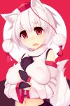  1girl albino animal_ears black_gloves breasts covered_nipples detached_sleeves fang gloves hat inubashiri_momiji japanese_clothes large_breasts long_sleeves looking_at_viewer midriff mikan_(bananoha) navel open_mouth pom_pom_(clothes) red_eyes shirt short_hair solo string tail tokin_hat touhou upper_body white_hair wide_sleeves wolf_ears wolf_tail 