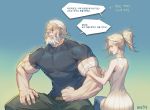  1boy 1girl absurdres bandages bare_shoulders beard blonde_hair blue_eyes casual closed_eyes denim dress facial_hair haje highres jeans korean mercy_(overwatch) muscle old_man overwatch pants ponytail profile reinhardt_(overwatch) scar scar_across_eye short_hair sitting sleeveless sleeveless_dress smile sweater sweater_dress white_hair 