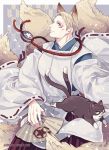  1boy animal_ears animalization blonde_hair cat fan folding_fan fox_ears fox_tail heian jo_(artist) kitsune marvel nekomata steve_rogers tail tony_stark 