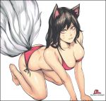  1girl ahri all_fours alternate_costume animal_ears artist_name ass bare_arms bare_legs bare_shoulders barefoot bikini black_hair breasts cal_(pmgdd) collarbone fox_ears fox_tail full_body large_breasts league_of_legends long_hair multiple_tails red_bikini side-tie_bikini slit_pupils smile swimsuit tail whisker_markings yellow_eyes 