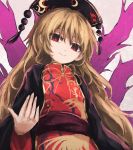  1girl black_dress blonde_hair chinese_clothes dress fox_tail hat highres junko_(touhou) long_hair long_sleeves looking_at_viewer multiple_tails red_eyes sash smile solo tabard tail thkani touhou turtleneck upper_body wide_sleeves 