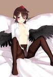  1girl black_wings blush breasts brown_background brown_hair brown_legwear full_body hat highres long_sleeves looking_at_viewer navel on_bed open_clothes open_shirt panties panties_under_pantyhose pantyhose pillow pointy_ears pom_pom_(clothes) red_eyes shameimaru_aya shirokku_(shirock8) shirt short_hair sitting solo spread_legs tokin_hat touhou underwear wings 