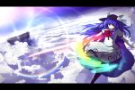  1girl above_clouds apron backlighting bangs blue_hair blue_skirt blue_sky day floating food fruit hat hinanawi_tenshi holding holding_sword holding_weapon lens_flare looking_at_viewer open_mouth peach perspective rainbow_order red_eyes shiny shiny_hair shirokku_(shirock8) shirt short_sleeves skirt sky solo sword sword_of_hisou touhou weapon white_shirt wind 
