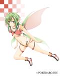 1girl blue_eyes blush breasts collarbone copyright_name fairy_wings flask_(pandora) full_body green_hair groin looking_at_viewer makai_gakuen_catastrophe midriff navel official_art original pointy_ears revealing_clothes shoes sidelocks sleeveless smile solo under_boob white_shoes wings 