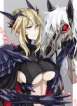  1girl artoria_pendragon_alter_(fate/grand_order) blonde_hair breasts cleavage fate/grand_order fate_(series) gauntlets horns horse large_breasts leo-time looking_at_viewer midriff navel pauldrons saber saber_alter short_hair sideboob sidelocks smile solo under_boob upper_body yellow_eyes 