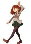  artist_request black_legwear blush_stickers boku_no_hero_academia brown_eyes brown_hair brown_shoes buttons green_skirt highres loafers long_sleeves necktie open_mouth outstretched_arms pantyhose pleated_skirt school_uniform shoes short_hair skirt smile spread_arms uraraka_ochako waving 