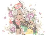 1girl :d animal_ears black_gloves blush breasts cat_ears fang flower gloves granblue_fantasy green_eyes grey_hair hair_flower hair_ornament long_hair looking_at_viewer nemone open_mouth petals sideboob simple_background smile solo strap twitter_username white_background 
