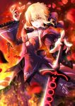 1girl blonde_hair breasts cleavage dark_excalibur dark_persona fate/grand_order fate_(series) fire gothic_lolita highres lolita_fashion petals saber saber_alter solo suishougensou sword weapon yellow_eyes 