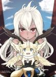  1girl ahoge animal animal_hug bare_shoulders blush character_request dark_skin fingerless_gloves from_above gloves granblue_fantasy jewelry long_hair looking_at_viewer open_mouth red_eyes rotamo smile the_order_grande upper_body white_hair 