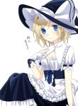  alice_margatroid apron bangs blonde_hair blouse blue_eyes breasts cleavage commentary_request hairband hand_on_own_chest hat highres kirisame_marisa_(cosplay) knees_together knees_up looking_at_viewer low_neckline shawl short_hair short_sleeves sitting touhou translated tsuno_no_hito waist_apron witch_hat wrist_cuffs 