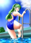  1girl absurdres ass blue_eyes blue_swimsuit competition_swimsuit eyeshadow green_hair highleg highres horns long_hair lum makeup nanao_futaba one-piece_swimsuit oni partially_submerged pointy_ears pool pool_ladder poolside reflection shiny shiny_clothes solo swimsuit urusei_yatsura water wet wet_clothes wet_swimsuit 
