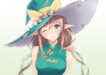  1girl bare_shoulders blush bow breasts brown_hair china_dress chinese_clothes dress drill_hair frilled_hat frills gradient gradient_background green_dress hat hat_bow highres long_hair long_pointy_ears looking_at_viewer low_twintails official_art one_eye_closed pointy_ears ribbon rinna_mayfield scrunchie shining_(series) shining_resonance sidelocks smile solo tanaka_takayuki turtleneck twin_drills twintails upper_body violet_eyes witch witch_hat 