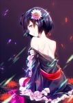  1girl black_eyes black_hair flower from_behind hair_flower hair_ornament koutetsujou_no_kabaneri looking_at_viewer mumei_(kabaneri) priyaphr short_hair solo 