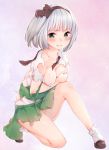  1girl azuki_(krps-hano) bangs black_ribbon blush breasts covering covering_breasts full_body green_eyes green_skirt hair_ribbon highres konpaku_youmu looking_at_viewer ribbon shirt shoes short_hair silver_hair skirt socks solo torn_clothes torn_shirt torn_skirt touhou wavy_mouth white_legwear white_shirt 