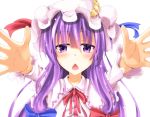  1girl :o blue_bow blue_ribbon blush bow capelet chestnut_mouth crescent flask_(pandora) foreshortening frilled_sleeves frills hair_bow hair_ribbon hat hat_ribbon highres long_hair long_sleeves looking_at_viewer mob_cap neck_ribbon open_mouth patchouli_knowledge purple_hair reaching_out red_bow red_ribbon ribbon sidelocks solo touhou tress_ribbon upper_body violet_eyes white_background 