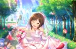  1girl ^_^ artist_request bangs bare_shoulders bouquet bow brown_hair church closed_eyes dress earrings fang flower gloves idolmaster idolmaster_cinderella_girls idolmaster_cinderella_girls_starlight_stage jewelry maekawa_miku necklace official_art open_mouth petals ribbon rose short_hair smile solo veil 