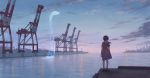  1girl black_hair clouds dock from_behind harbor hiko_(scape) horizon monster ocean original red_eyes reflection scenery school_uniform serafuku short_hair sky solo transparent twilight water wind 