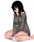 1girl aoshima black_hair breasts grey_eyes hair_over_one_eye highres large_breasts long_hair naked_sweater off_shoulder open_mouth original sitting solo sweater wariza 