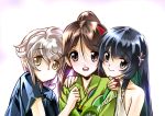  3girls amagi_(kantai_collection) bangs bare_shoulders black_hair blue_eyes blunt_bangs brown_eyes brown_hair camouflage eyebrows eyebrows_visible_through_hair furisode hair_between_eyes hand_on_another&#039;s_shoulder japanese_clothes jitome kantai_collection kimono long_hair looking_at_viewer mizuho_(kantai_collection) multiple_girls ponytail senomoto_hisashi short_sleeves silver_hair smile unryuu_(kantai_collection) upper_body yellow_eyes 