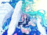  1girl 7468 absurdres adapted_costume aqua_eyes aqua_hair back bangs bare_shoulders black_legwear blue_background blurry bokeh boots closed_mouth cowboy_shot cross-laced_clothes depth_of_field detached_sleeves feathered_wings floating_hair hatsune_miku highres long_hair looking_at_viewer petals smile solo thigh-highs thigh_boots twintails very_long_hair vocaloid white_wings wings 