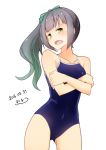  1girl artist_name blush competition_school_swimsuit crossed_arms dated grey_hair kantai_collection kasumi_(kantai_collection) kitaminami long_hair open_mouth ponytail side_ponytail solo sweatdrop swimsuit yellow_eyes 