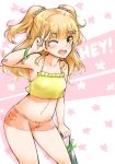  1girl bag bare_shoulders blonde_hair blush bracelet camisole geckolion green_eyes hair_ornament hairclip idolmaster idolmaster_cinderella_girls jewelry jougasaki_rika long_hair looking_at_viewer midriff navel one_eye_closed open_mouth short_shorts shorts smile solo spring_onion twintails two_side_up v 