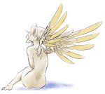  1girl ass bare_shoulders barefoot blonde_hair brownmameng from_behind mechanical_wings mercy_(overwatch) nude overwatch ponytail sitting solo spread_wings wings 