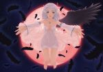  1girl babydoll bare_shoulders barefoot black_wings blue_eyes breasts breasts_apart criss-cross_halter detached_sleeves dress eyebrows eyebrows_visible_through_hair feathered_wings feathers frilled_sleeves frills full_moon hair_ornament hairclip halter_top halterneck highres long_hair moon night night_sky official_art outstretched_arms panis_angelicus reaching red_moon shining_(series) shining_ark short_hair silver_hair single_wing sky small_breasts smile star star_(sky) starry_sky tanaka_takayuki upper_body white_dress white_hair wings 
