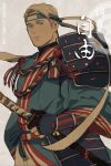  1boy armor blonde_hair blue_eyes headband japanese_armor japanese_clothes jo_(artist) katana kusazuri marvel parody sheath sheathed sode solo steve_rogers sword touken_ranbu weapon 