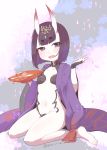  1girl alcohol amamiya_yuumu barefoot black_hair fate/grand_order fate_(series) highres horns japanese_clothes kimono midriff navel oni open_mouth sakazuki sake short_hair shuten_douji_(fate/grand_order) sitting solo violet_eyes 